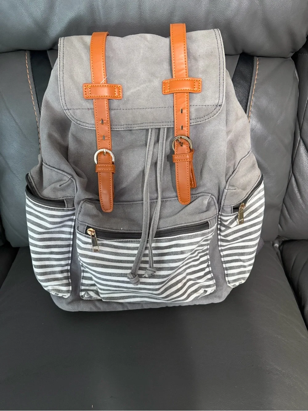 Gray Canvas Backpack with Tan Leather Straps - Casual Men’s Daypack